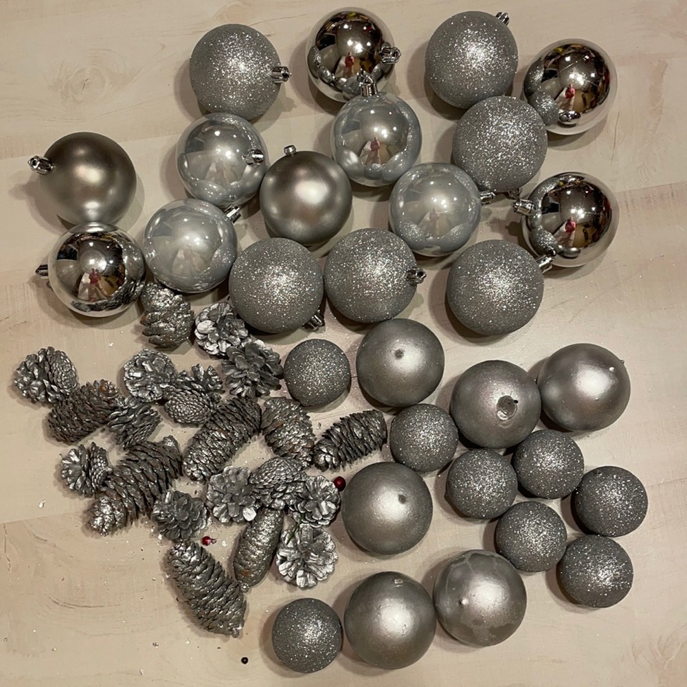 Shatterproof Silver Glitter Ball Ornaments and Pine Cones lot